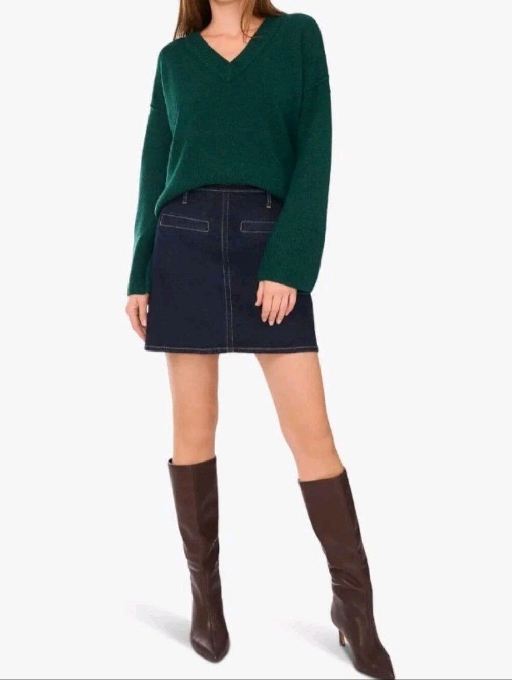 Vince Camuto Size XL Forest Green High-Low V-Neck Long Sleeve Sweater